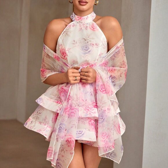 Pink Boho Women's Elegant Sexy Floral Print Open Back Halter Mini Dress - Picture 6 of 6